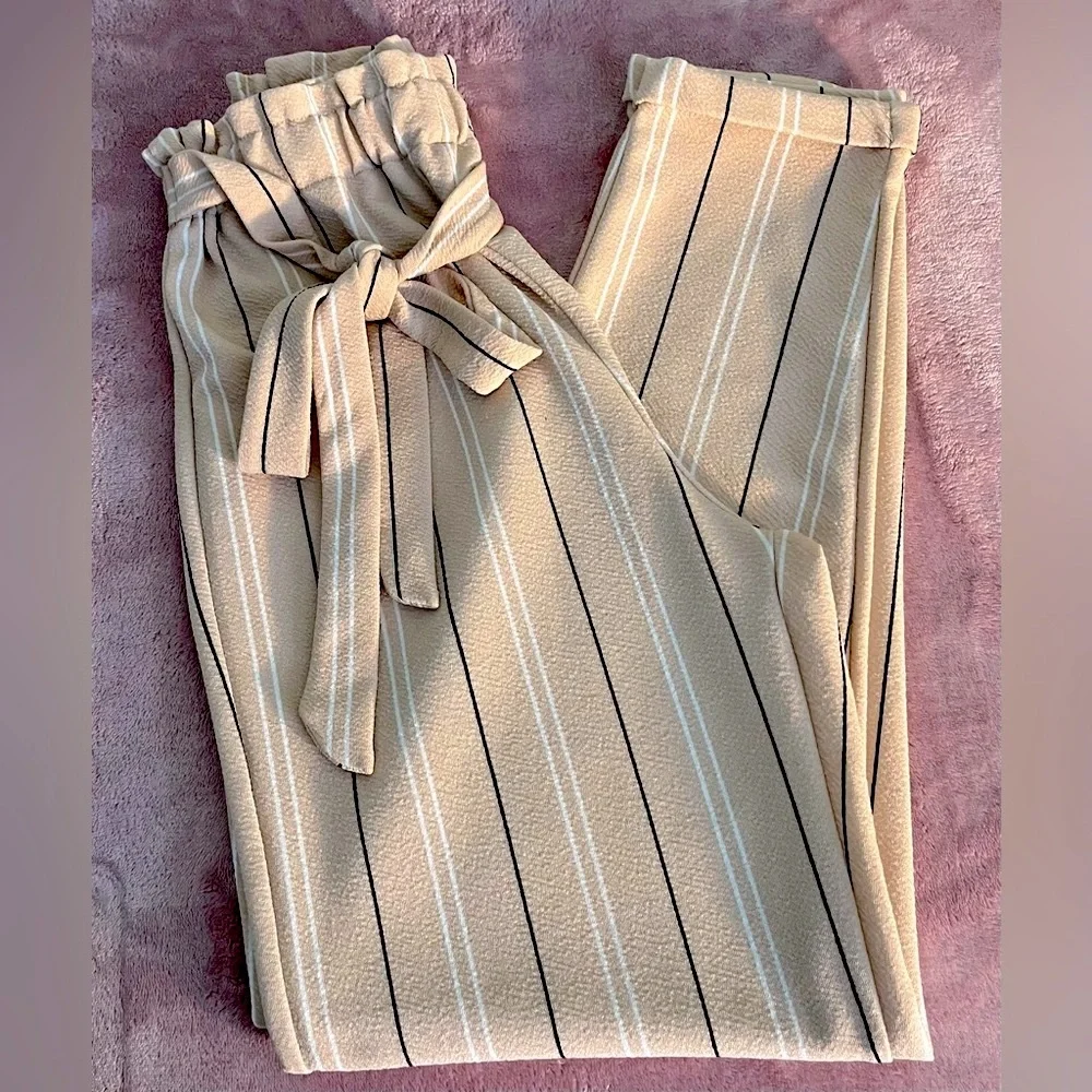 No Comment Pinstripe Gathered Waist Tie Belt Salmon Pink Pinstripe Dress Pants - Picture 2 of 9